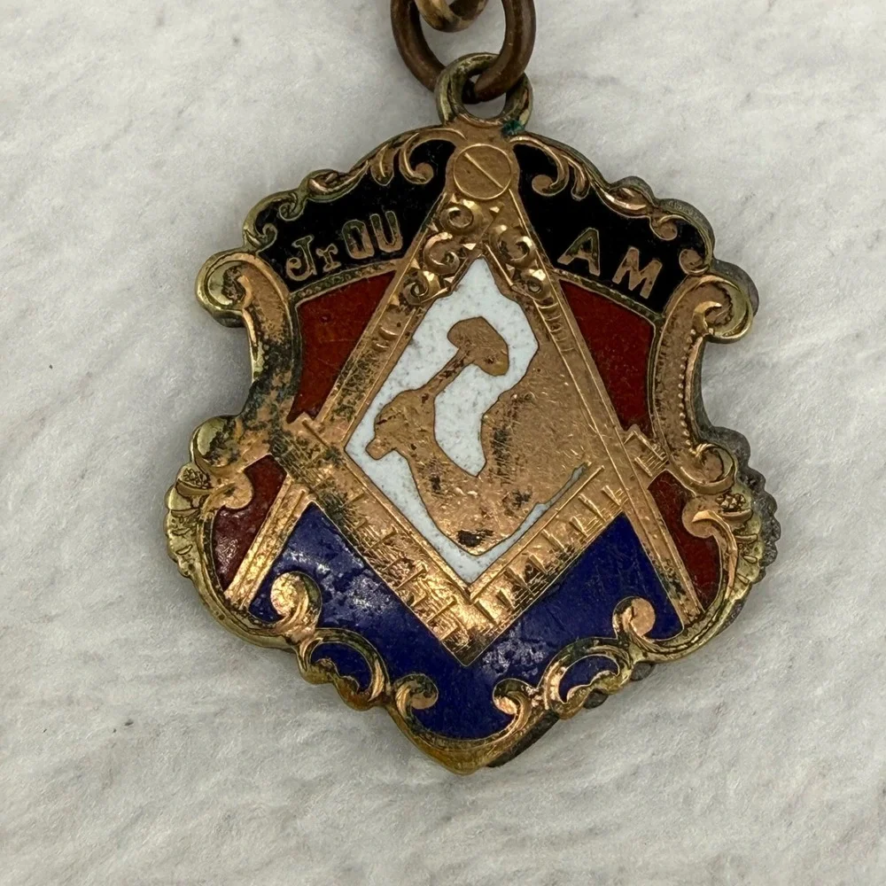 Vintage Jr OUAM Pocket Watch Chain Gold Tone Enamel Fob T-Bar Mechanics 14in
